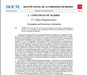 Orden de 14 de Junio de 2013 por la que se crea el Registro de Certificados de Eficiencia Energética en Madrid